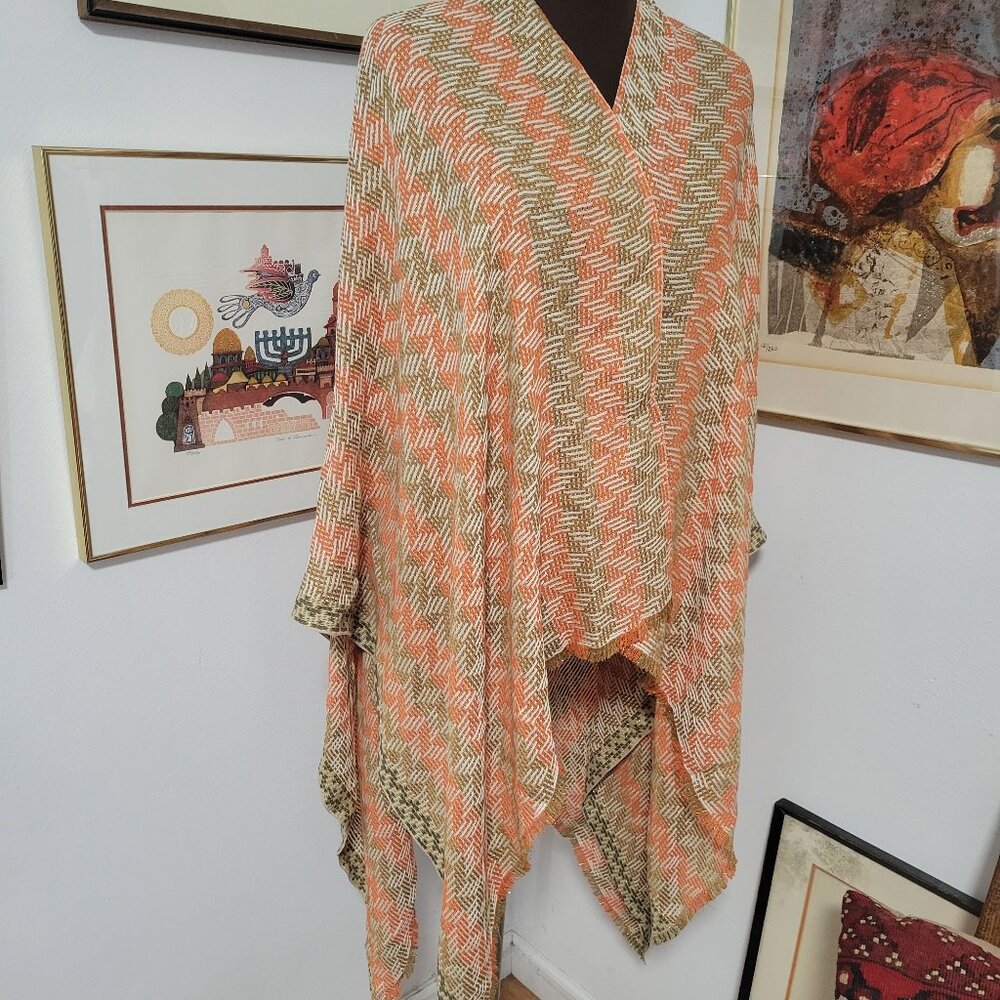 Original Missoni Italian Shawl or Cape in Orange/Tan and Metallic Gold Thread